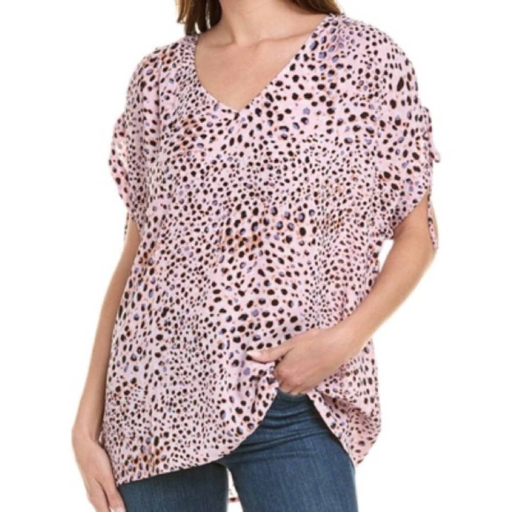 CAbi Seaside top Light Pink Leopard Print Blouse shirt v neck ruched cap sleeve